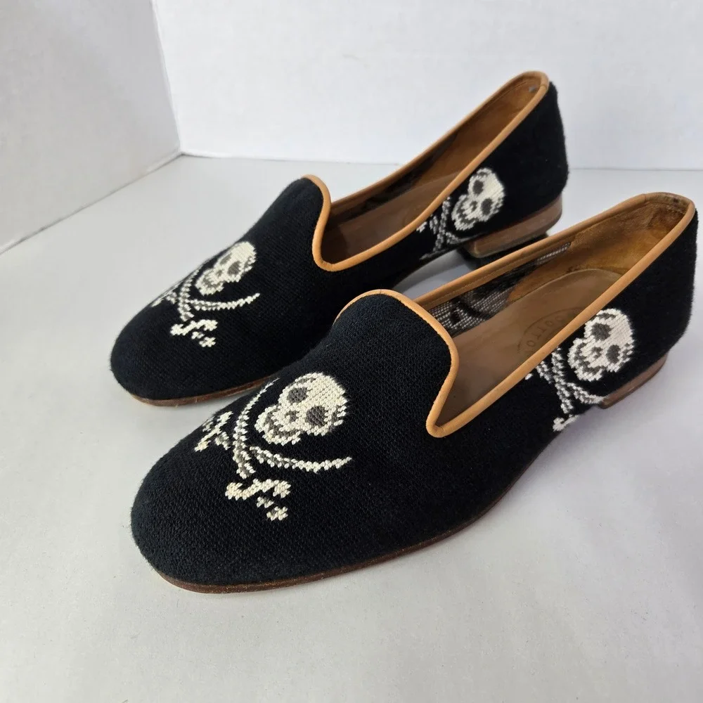 Stubbs & Wootton Loafers Size 11 Black Needlepoint Skull Crossbones  #1166
